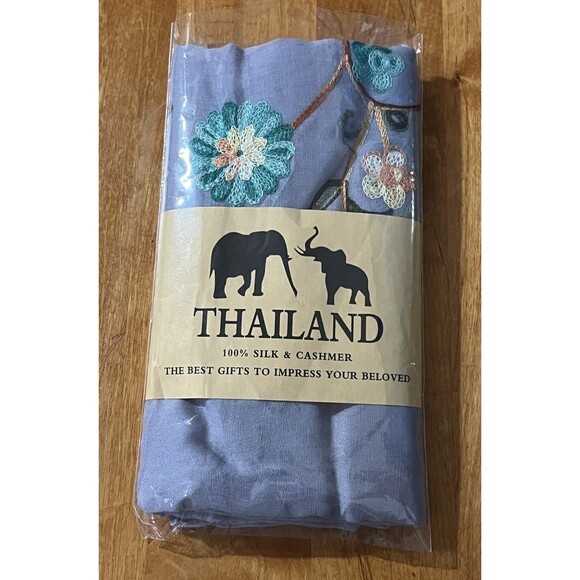 Thai Boho Scarf Blue Embroidered Floral Ends Wrap Lightweight Shawl Romantic 74" - Picture 1 of 2